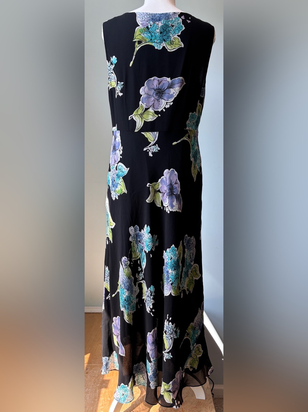 Talbots 100% Silk Black Floral Maxi Dress Purple Blue Sleeveless - 10 - Picture 2 of 7